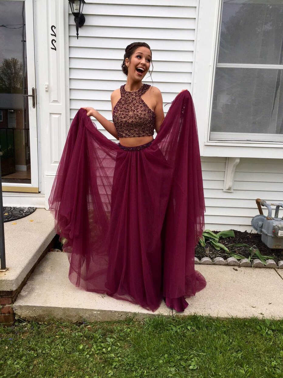 Juniors Two Piece Maroon Long Prom Dress with Tulle Skirt