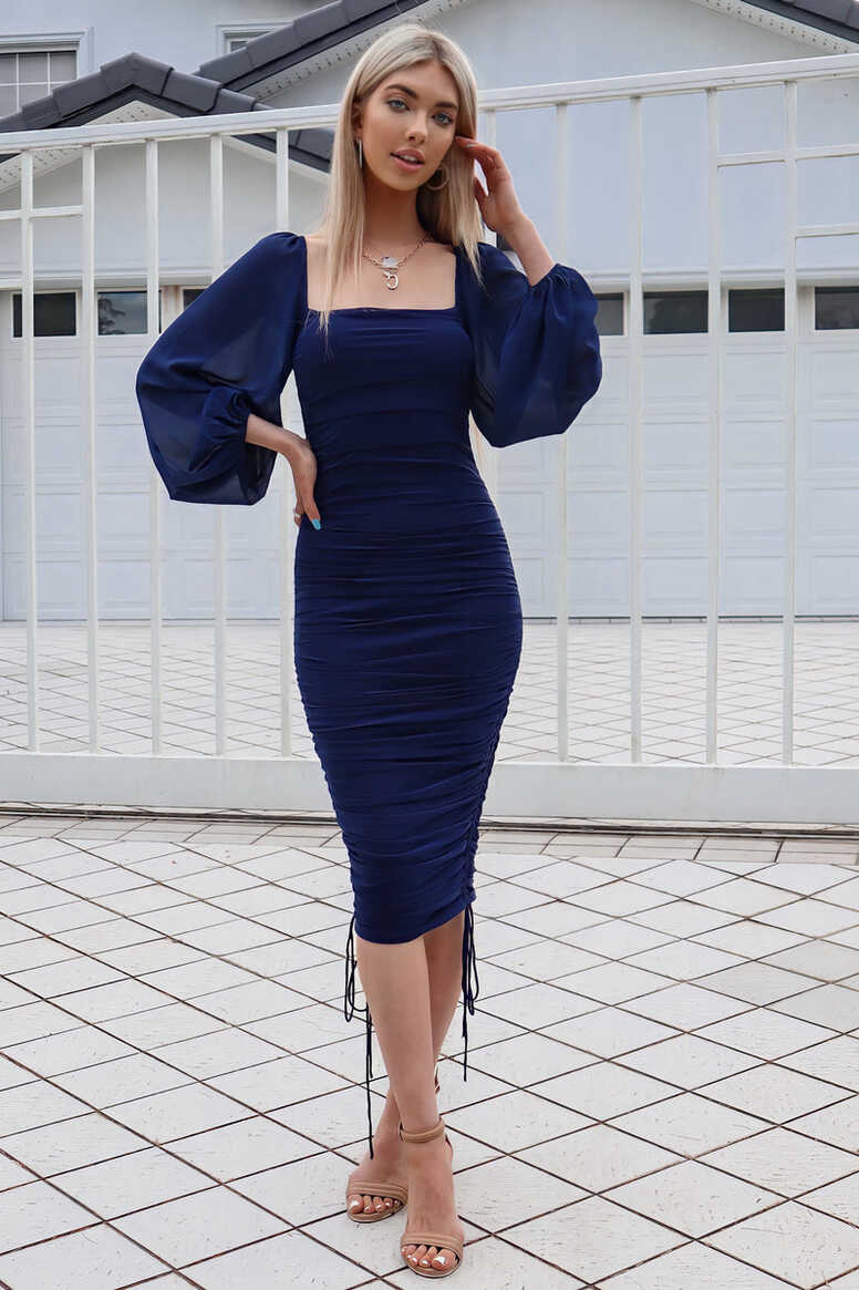 Jupiter Mesh Midi - Navy Blue Long Sleeve Cocktail Bodycon Dress ...