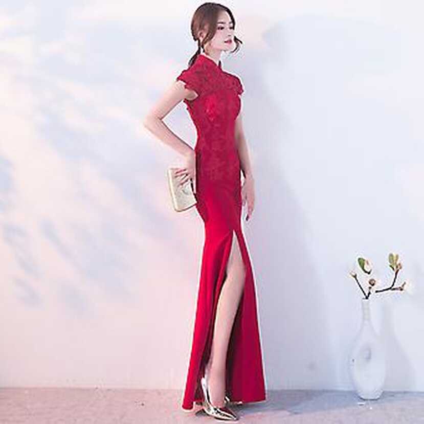 Jwl-sexy Split Wedding Qipao Red Lace Mermaid Chinese Evening ...