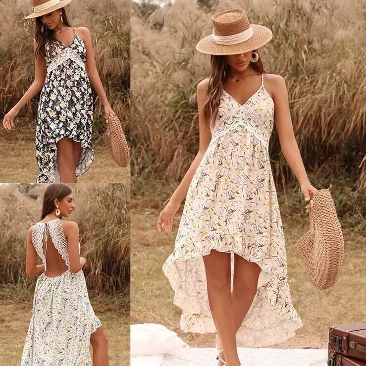 Kadınlar için Bohemia Long Dresses Floral Beach Holiday Casual ...