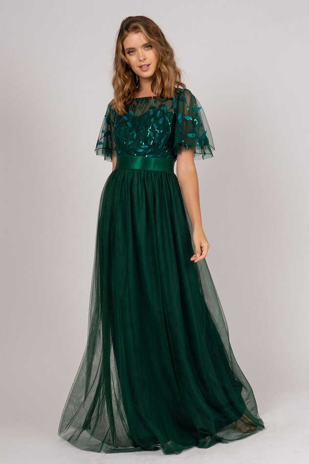 Kailyn Short Sleeved Tulle Sequins Formal Dress in Emerald Green ...