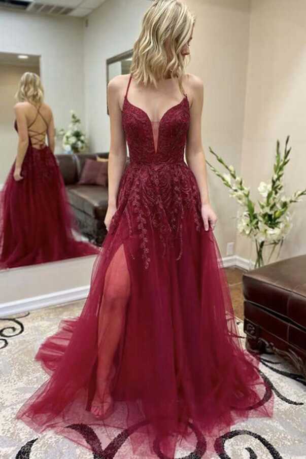 Kateprom Burgundy Tulle A line Lace Up Back Thigh Slit Prom ...