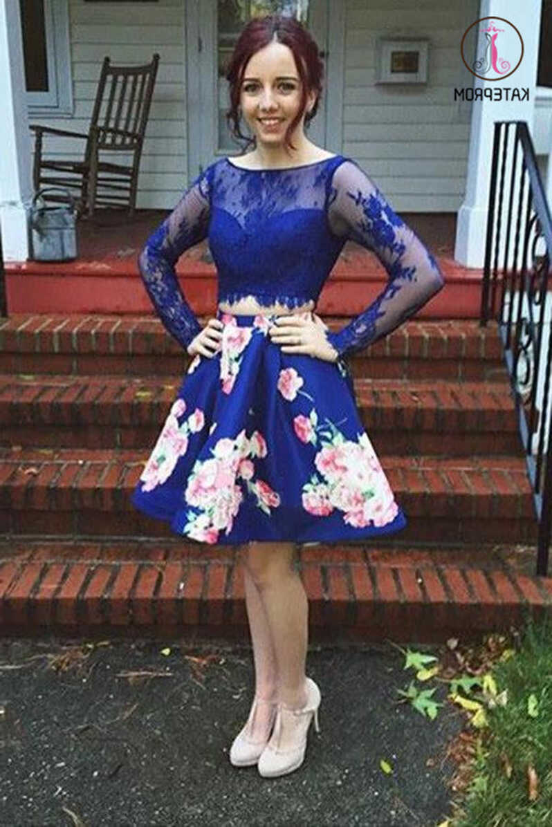 Kateprom Royal Blue Two Piece Bateau Long Sleeves Floral Short ...