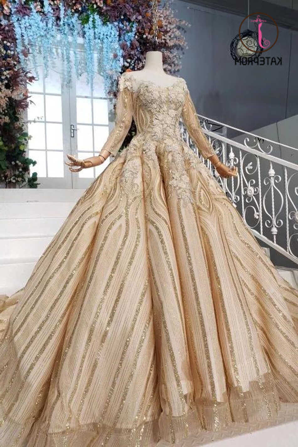 Kateprom Stunning Ball Gown Long Sleeves Prom Dress, Pretty Long ...