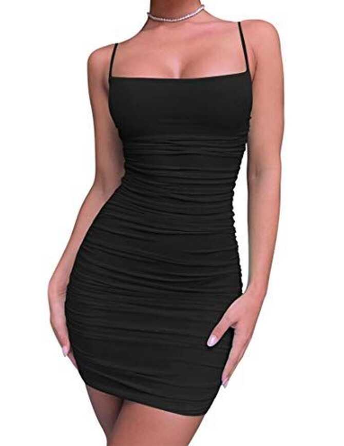 Kaximil Women&#39;s Sexy Bodycon Spaghetti Strap Ruched Mini Club Dresses