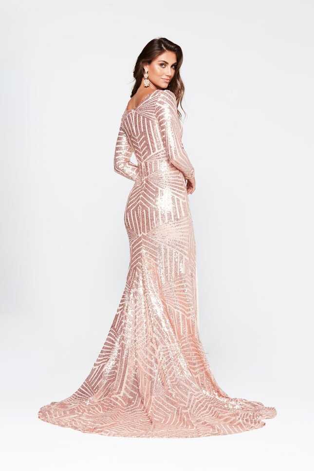 Kaya- Rose Gold Sequin Dress with Long Sleeve and Side Slit – A&amp;N ...