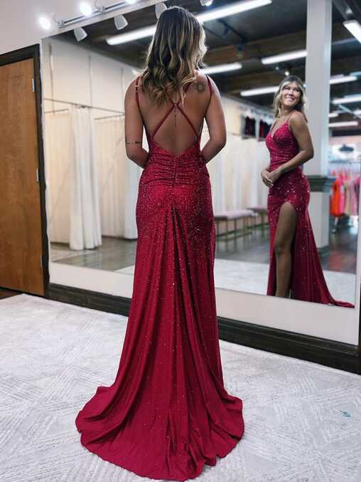 Kaylani Burgundy Mermaid V Neck Glitter Jersey Long Prom Dress ...