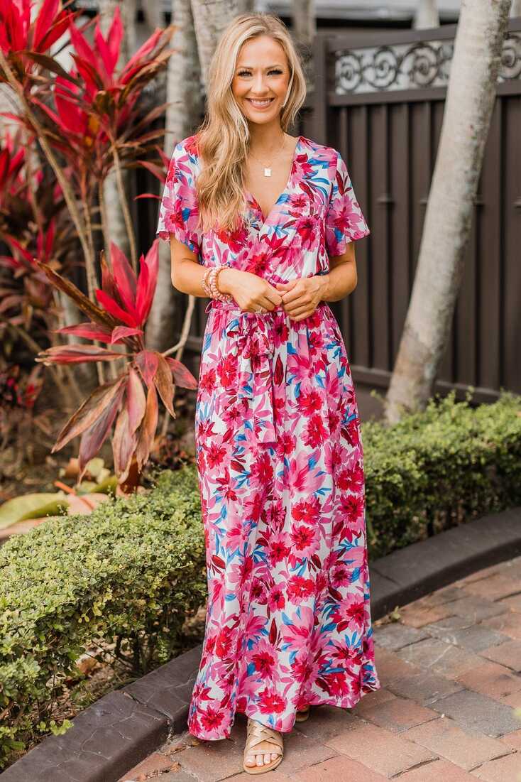 Keep You Around Floral Maxi Dress- Ivory &amp; Hot Pink – The Pulse ...