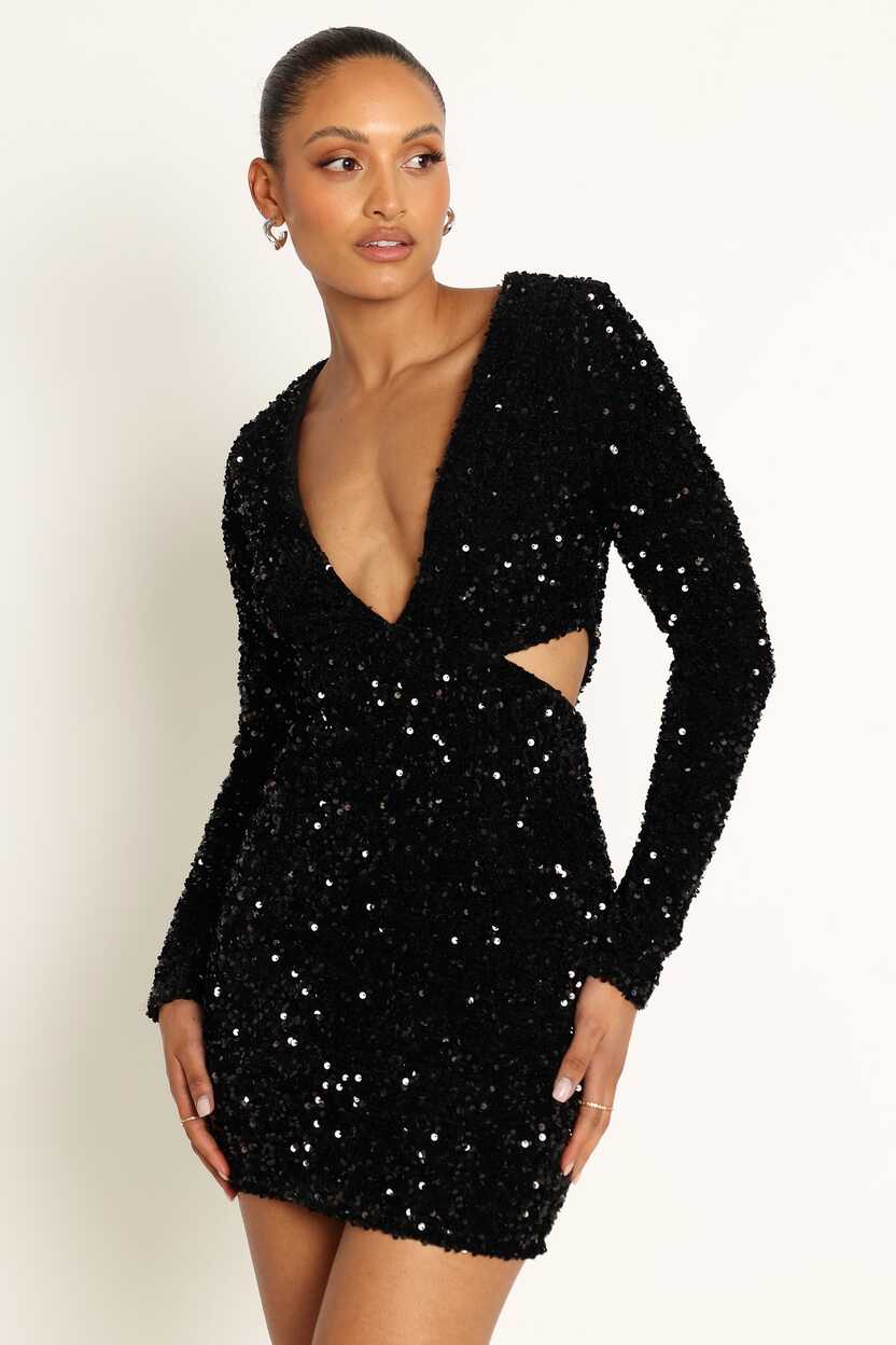 Kelly Long Sleeve Sequin Mini Dress - Black - Petal &amp; Pup