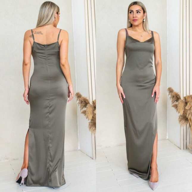 Khaki Fitted Silk Spaghetti Strap Dress Sleeveless Long Dress Silk ...