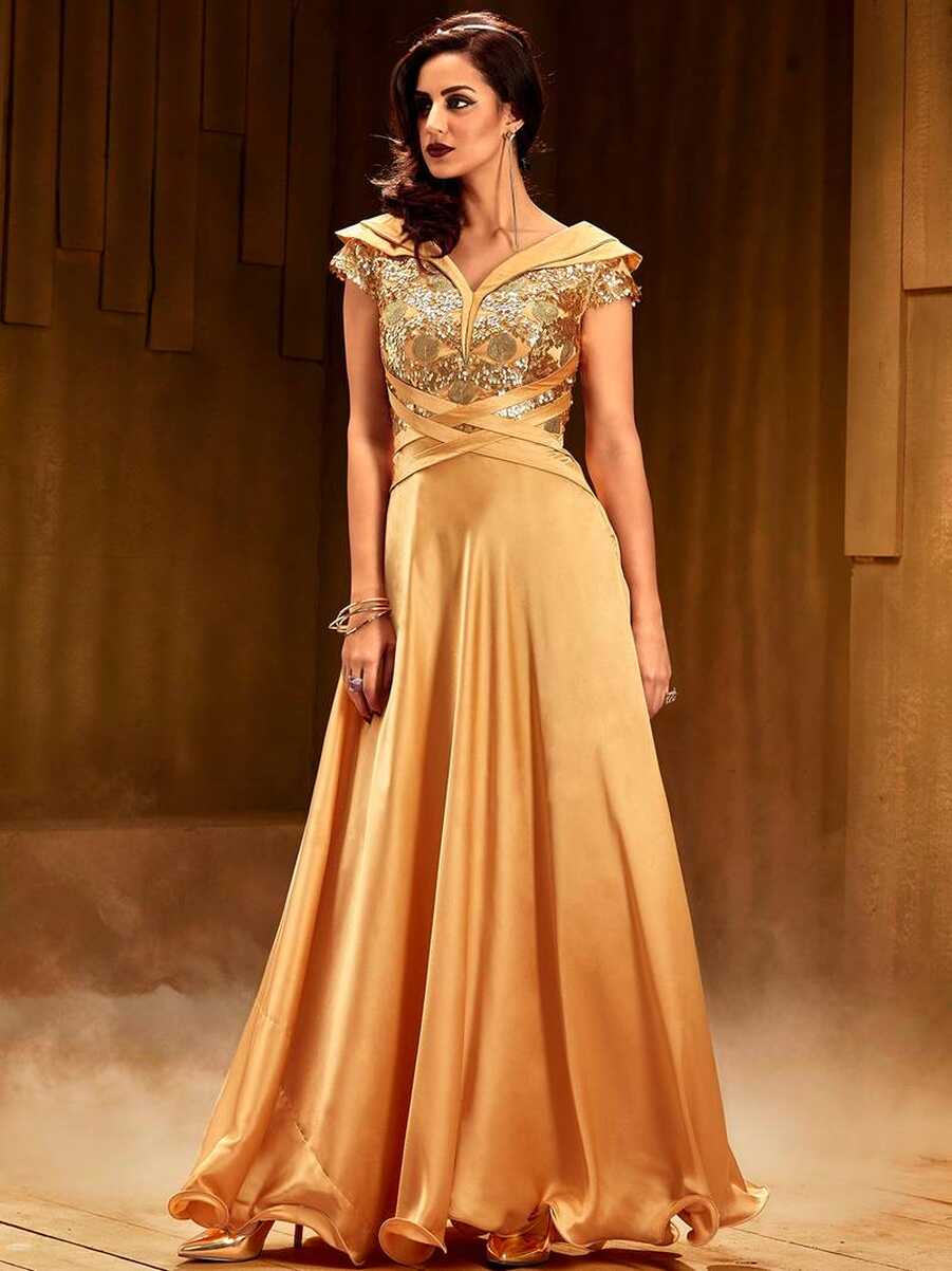 Khwaab Golden sea net fabric Partywear Embroidered Stitched Gown ...