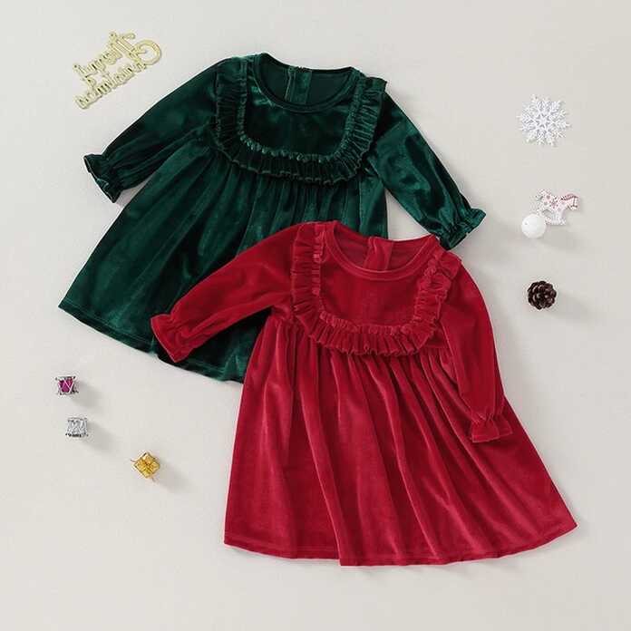 Kids Girl Christmas Dress Solid Color Long Sleeve Velvet A-Line ...