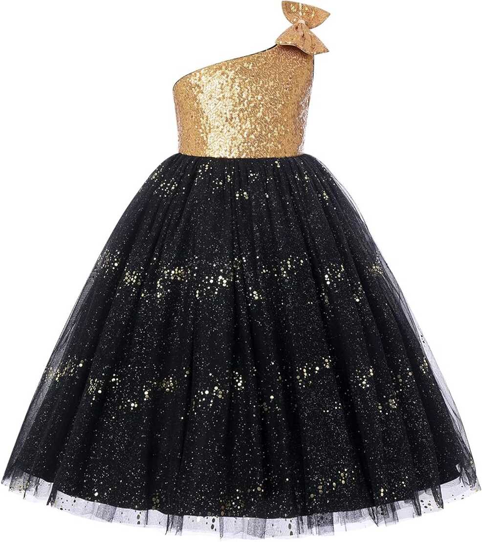 Kids Girls Bowknot Sequin Party Dress One-Shoulder Wedding ...