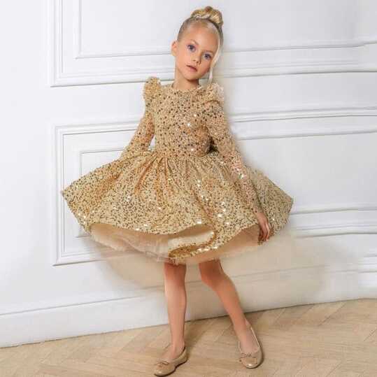 Kids Girls Gold Sequin Long Sleeves Puffy Party Dress/Gown - black ...