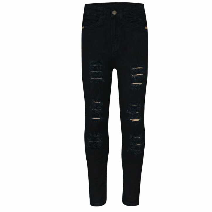 Kids Girls Jet Black Skinny Jeans Denim Ripped Fashion Stretchy ...