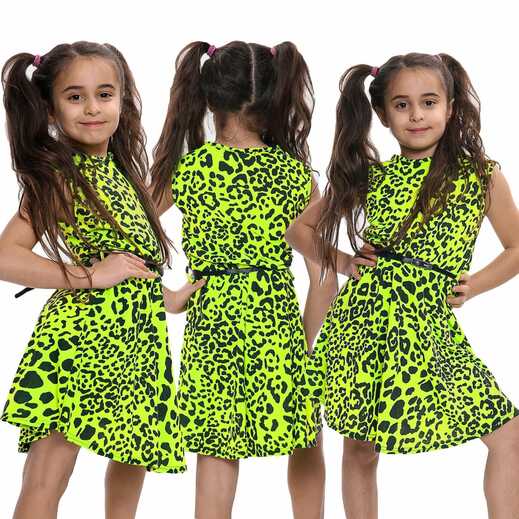 Kids Girls Skater Dress Leopard Print Neon Yellow Summer Dance ...