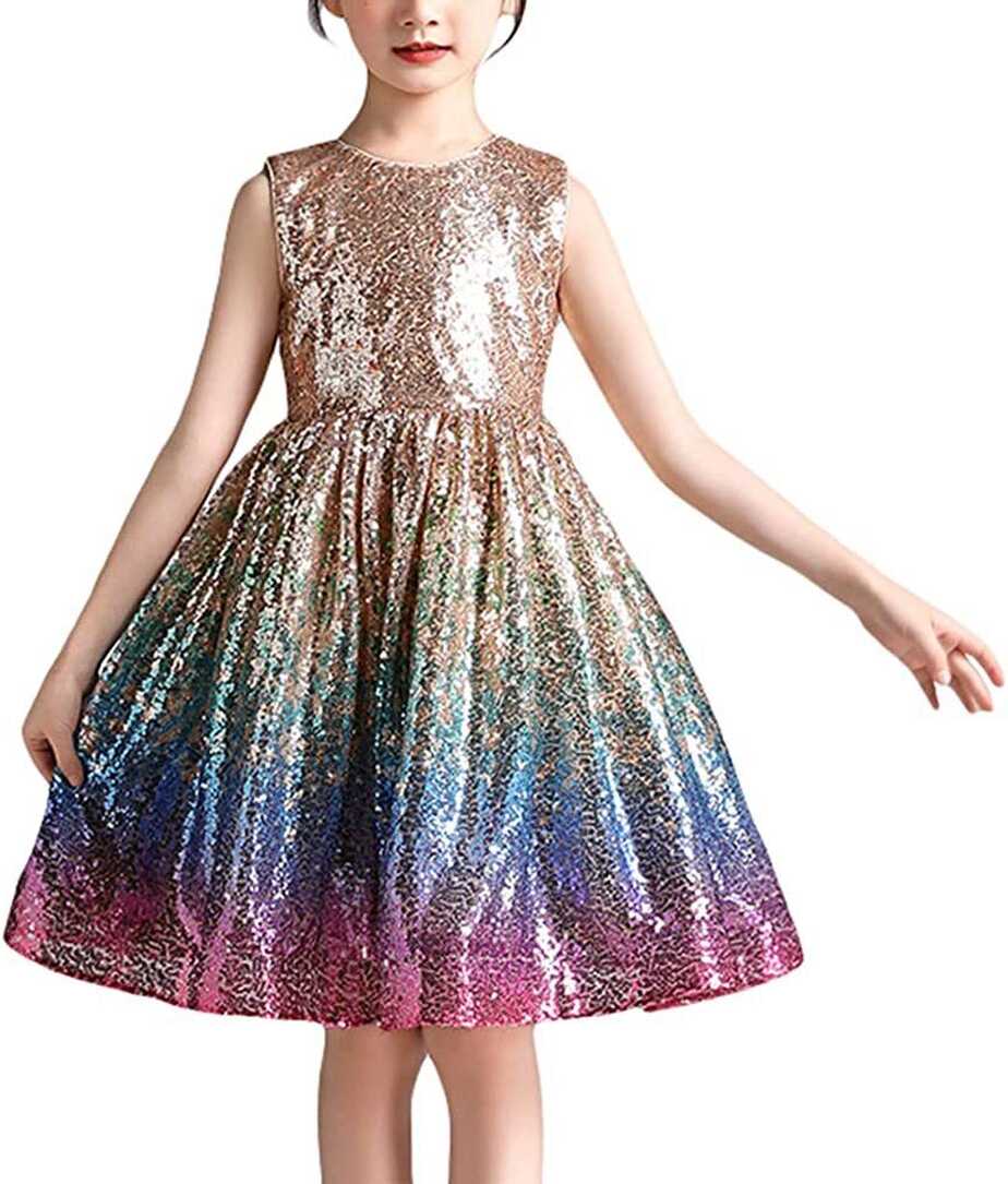 Kids Girls Sparkle Sequin Dress Sleeveless Rainbow Wedding Party ...