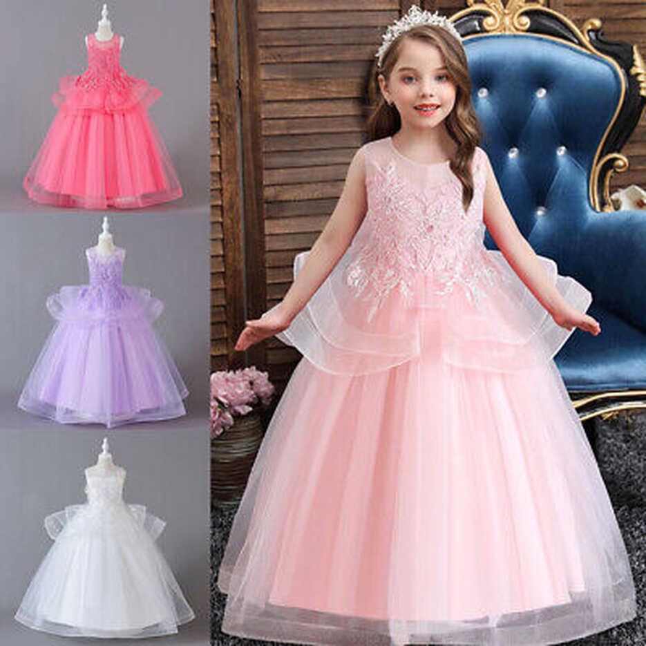 Kids Wedding Flower Girls Bridesmaid Tulle Long Dresses Princess ...