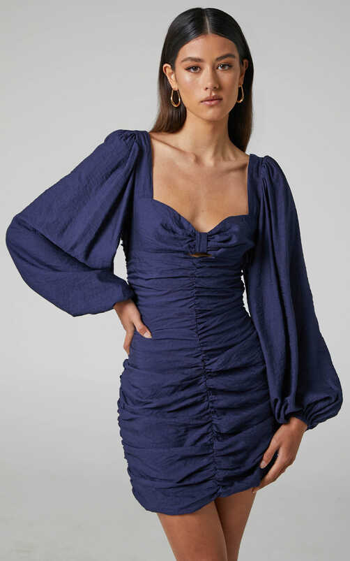 Kilian Mini Dress - Ruched Long Sleeve Dress in Navy | Showpo USA