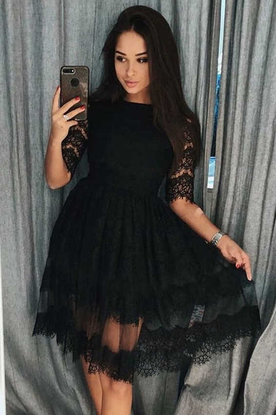 Knee-Length Black Lace Homecoming Dresses Half Sleeves ...