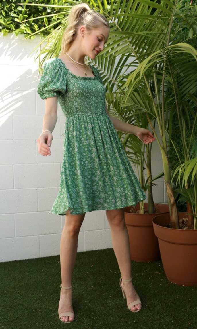 Knee-Length Green Floral-Print Casual Dress - PromGirl