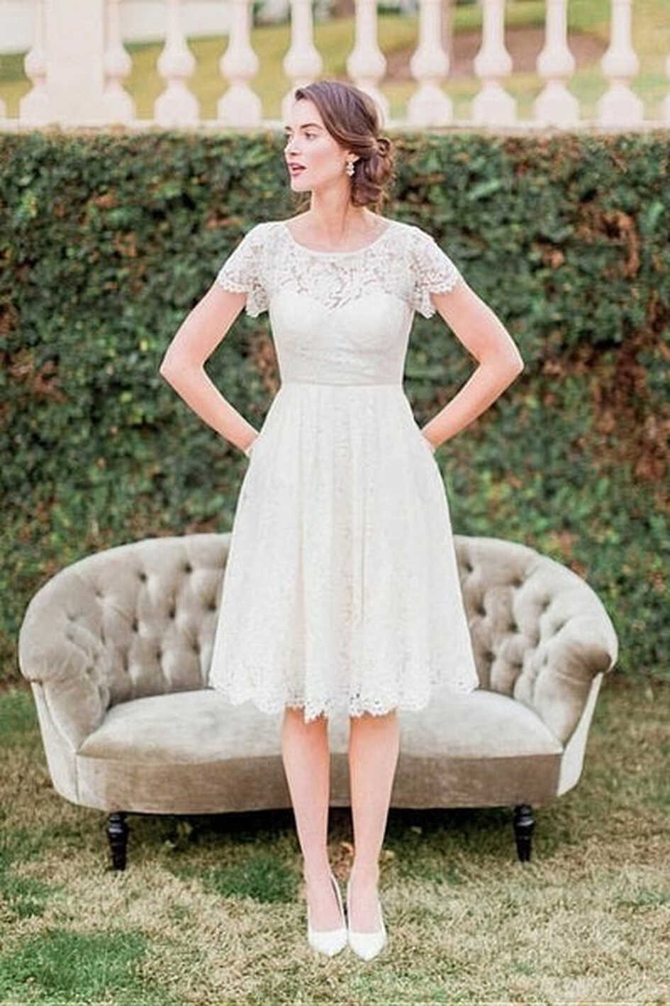 Knee-Length Lace Wedding Gown with Short Sleeves – loveangeldress