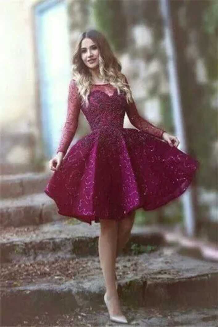 Knee Length Long Sleeve Beaded Wine Cocktail Dress - Xdressy