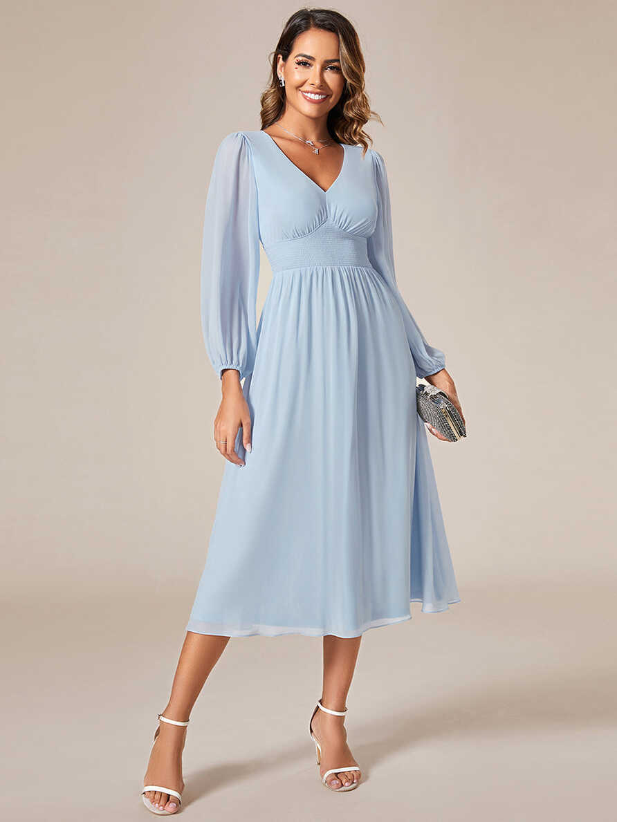 Knee Length Long Sleeves Chiffon Wholesale Wedding Guest Dresses