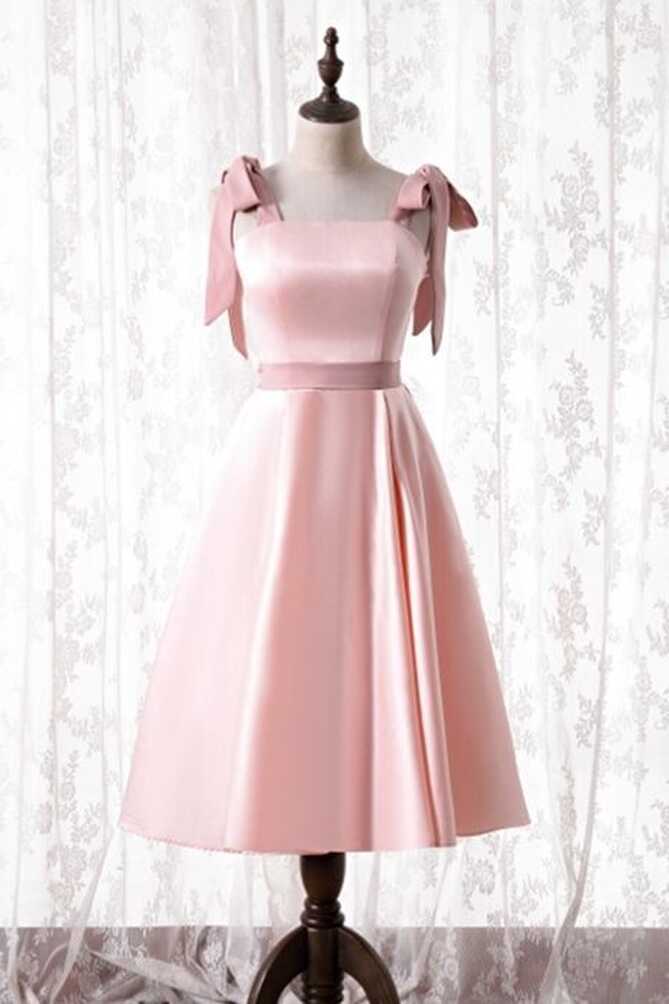 Knee Length Pink Satin Party Dress with Tie Shoulders – Dreamdressy