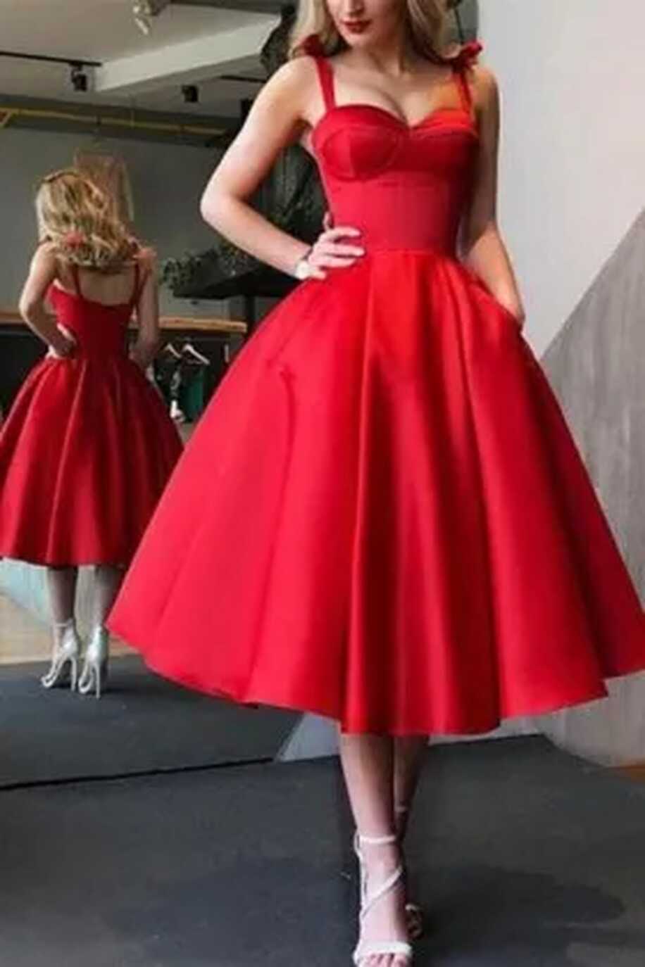 Knee Length Red Satin Corset Short Prom Ball Gown - Promfy