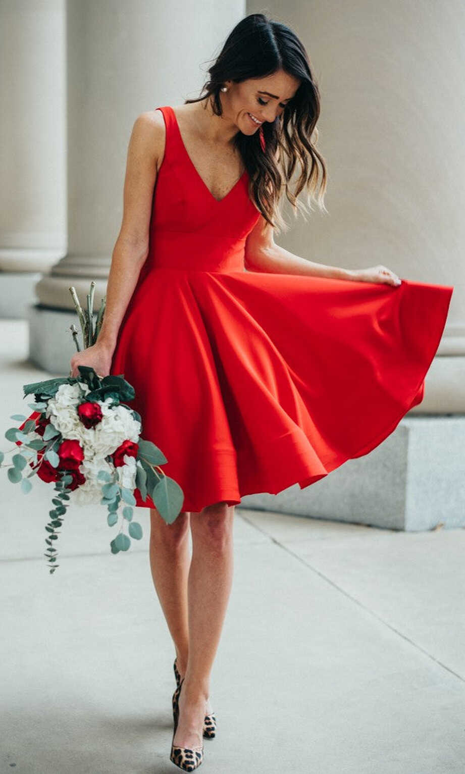 Knee Length Red V-neckline Wedding Party Dress – daisystyledress