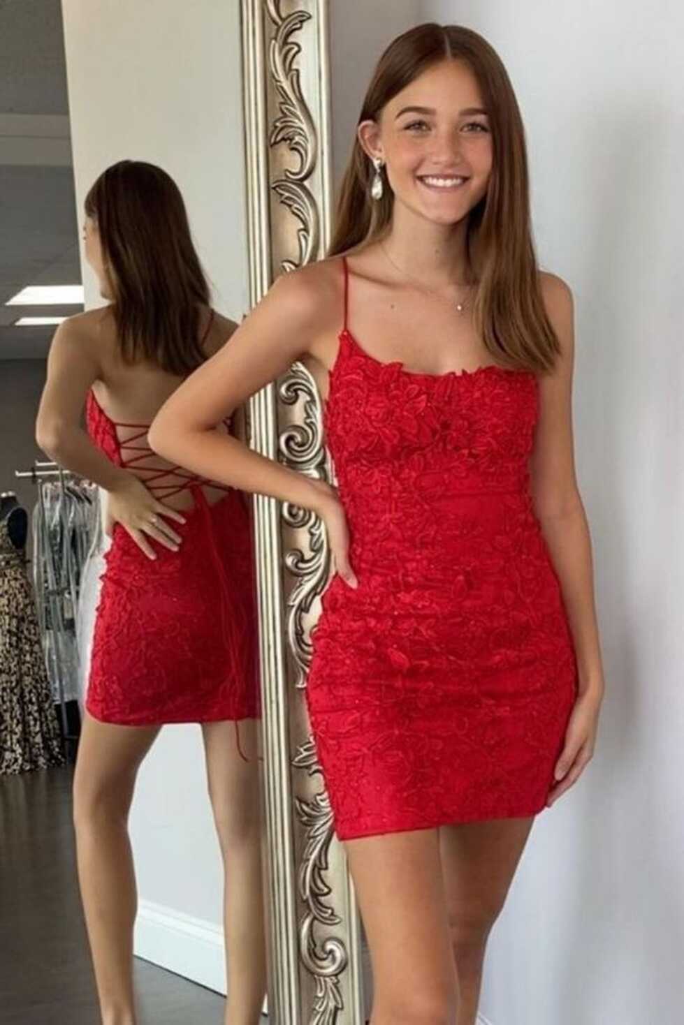 Knee Length Sheath Red Lace Homecoming Dress – daisystyledress