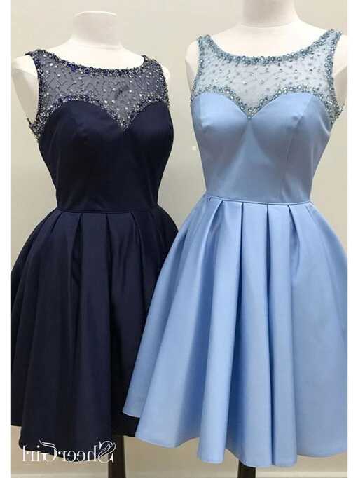 Knee Length Sky Blue Homecoming Dresses Short Beaded Navy Blue ...