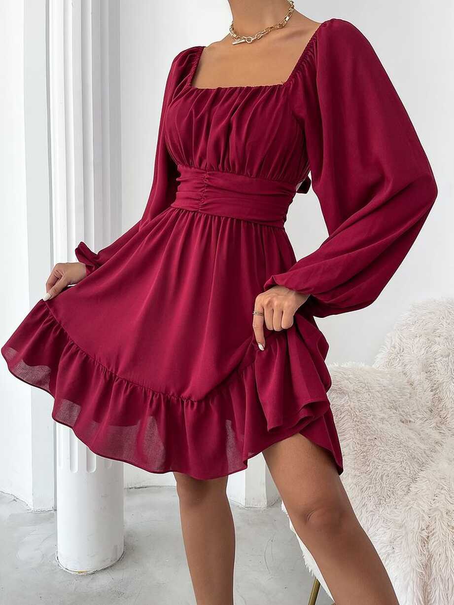 Knot Back Lantern Sleeve Ruffle Hem Dress | Cute formal dresses ...