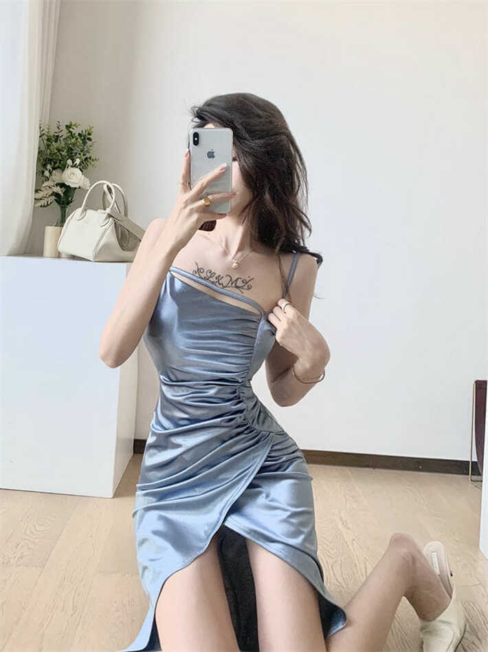 Korea Sexy Fitted Waist Split Pleated Straps Bodycon Dress ...