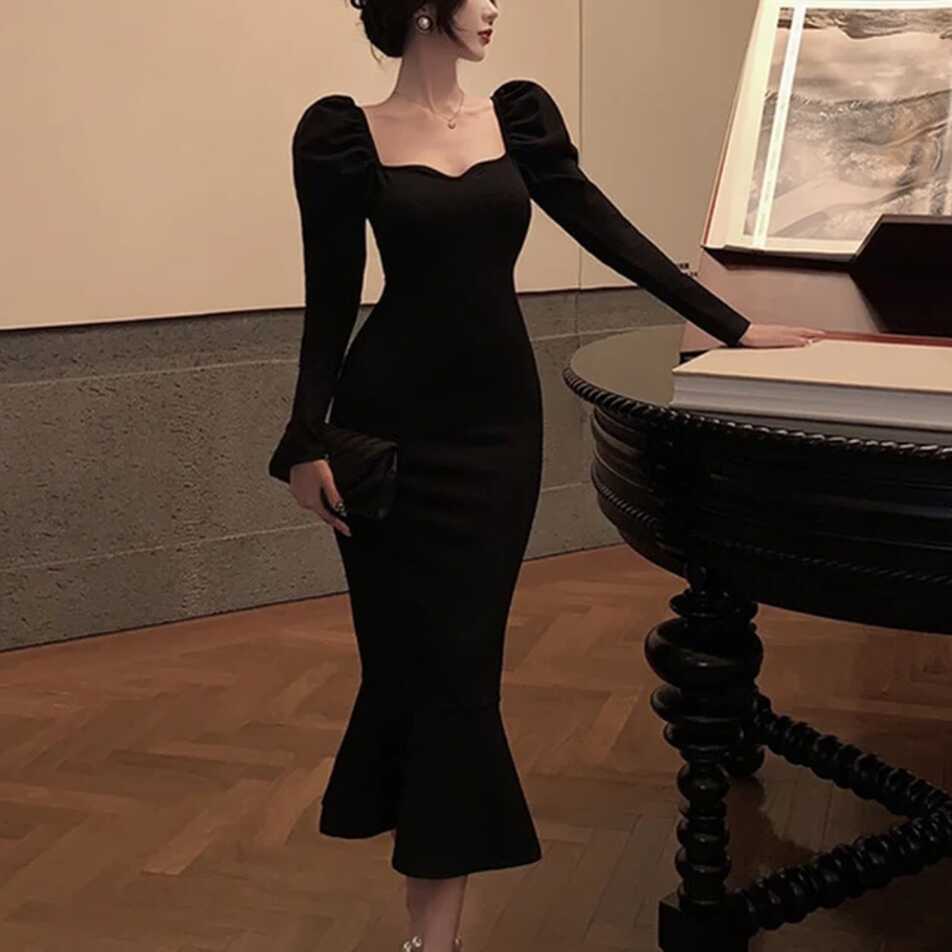 Korean Black Dress Women Party | Korean Fashion Evening Dresses ...