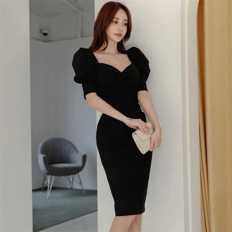 Korean Black Kyaba Black Midi Party Dress For Women Short Sleeve ...