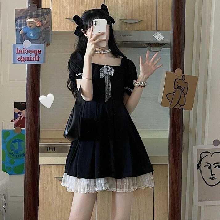 Korean Casual Kawaii Mini Dress Women Lace Black Cute Elegant ...