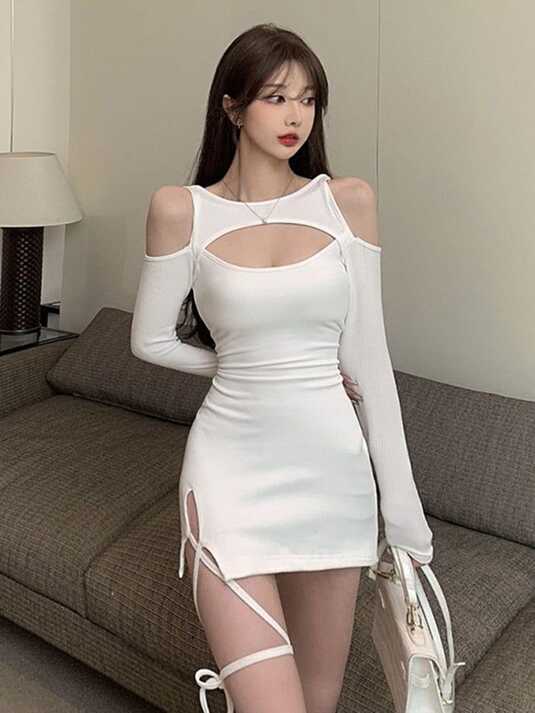 Korean Fashion Open Shoulder Long Sleeve Side Slit Bodycon ...