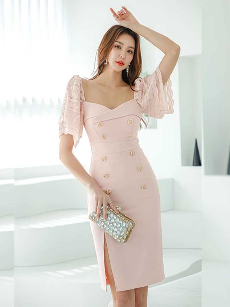 Korean Fashion Summer Evening Dress Women Formal Pink Square ...