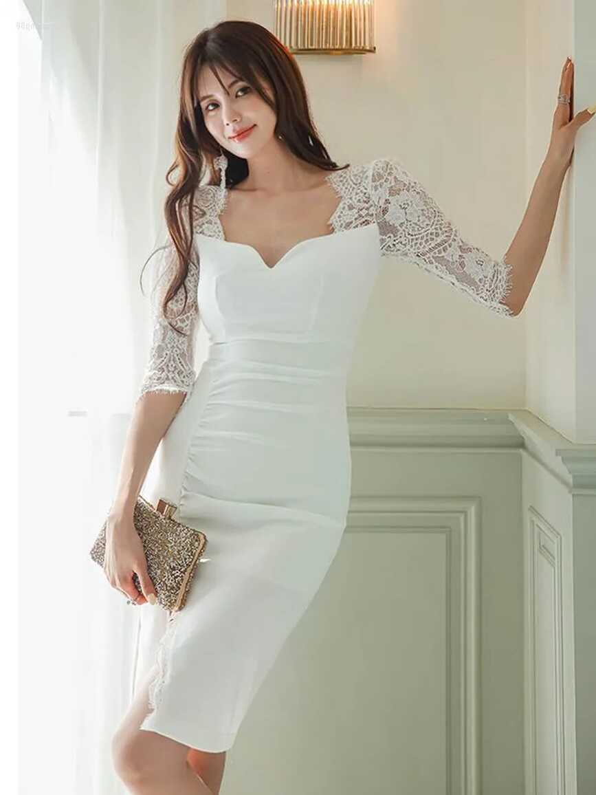 Korean Fashion White Sheer Size Low Cut Midi Dress For Women ...