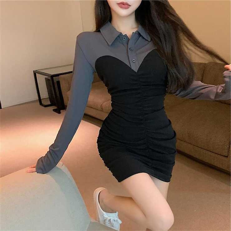 Korean Fashion Women Dresses Patchwork Polo Collar Slim Sexy Tunic ...