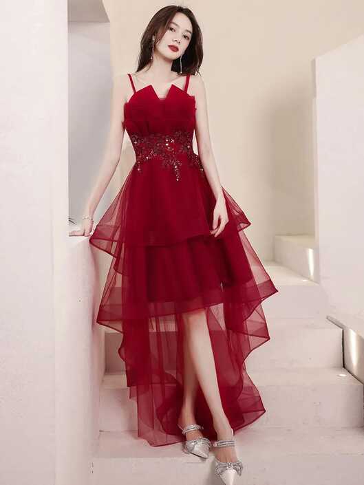 Korean Hi Lo Red Tulle Burgundy Prom Dresses 2022 With Beaded ...