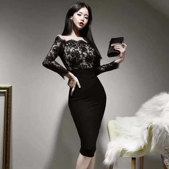 Korean Lace Off Shoulder Dress Long Sleeve Black Office ...