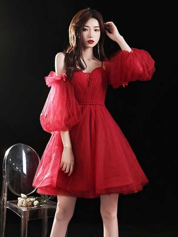 Korean Short Red Sweetheart Evening Dresses With Sleeve A-Line ...