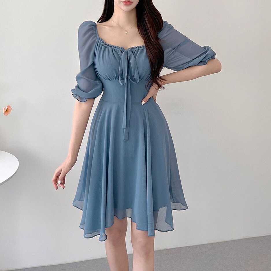 Korean Style] Off-white Blue Flowy Chiffon Short Dress – Ordicle