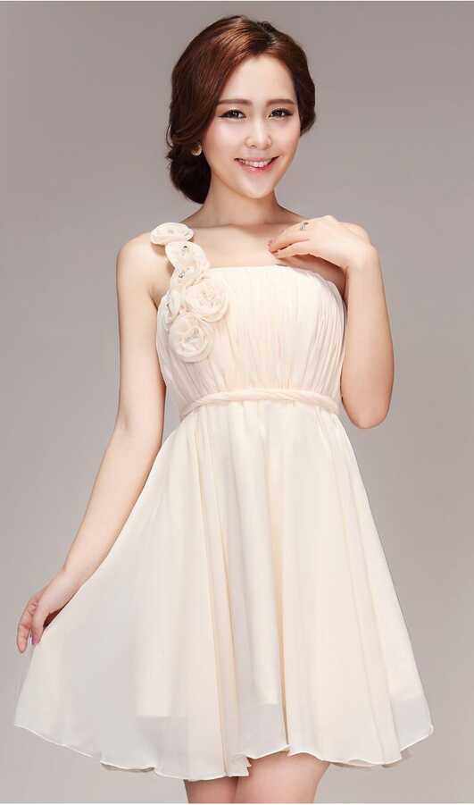 Korean Style Fashion - One Shoulder Light Peach Chiffon Short ...