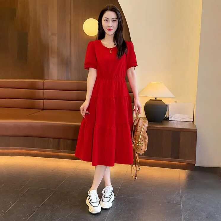 Korean Style Hepburn Style Little Red Dress Tiered Maxi Long Dress ...