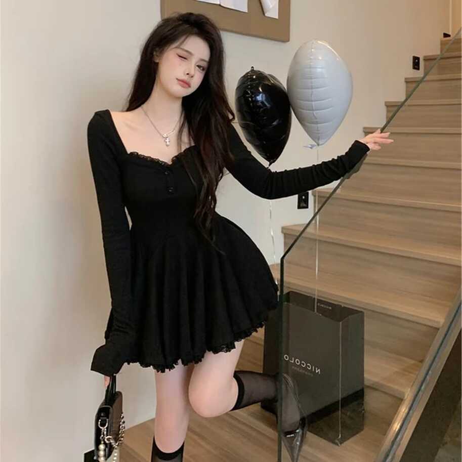 Korean Style Sexy Dress Y2k Women Vintage Black Elegant Autumn ...