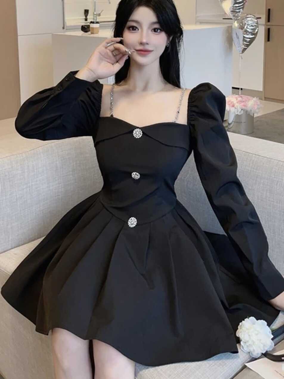 Korean Style Solid Mini Dress Women Long Sleeve Square Collar ...